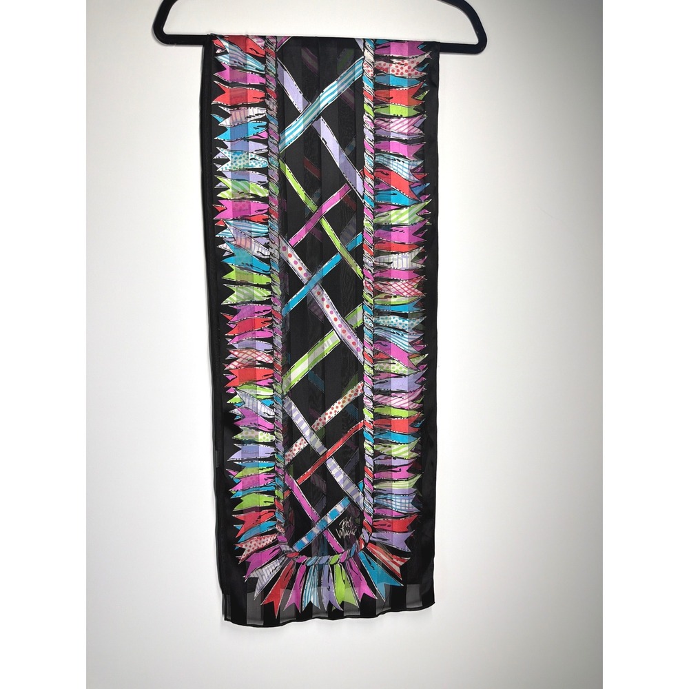 Bob Mackie Wearable Art Silk Scarf Shawl Abstract Ribbon Print 13"x64" - Picture 9 of 13